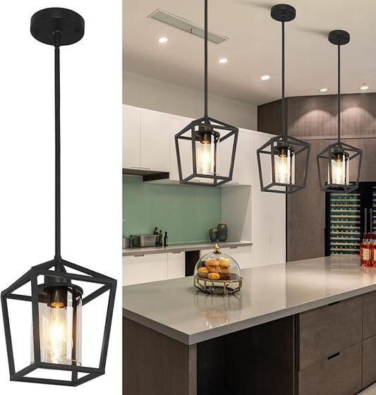 1 Pack Black Pendant Light Fixture Farmhouse Iron Cage Metal Pendant Light Lantern Hanging Light Fixtures with Clear Glass Shade for Kitchen Island, Dining Room, Hallway,Entryway1