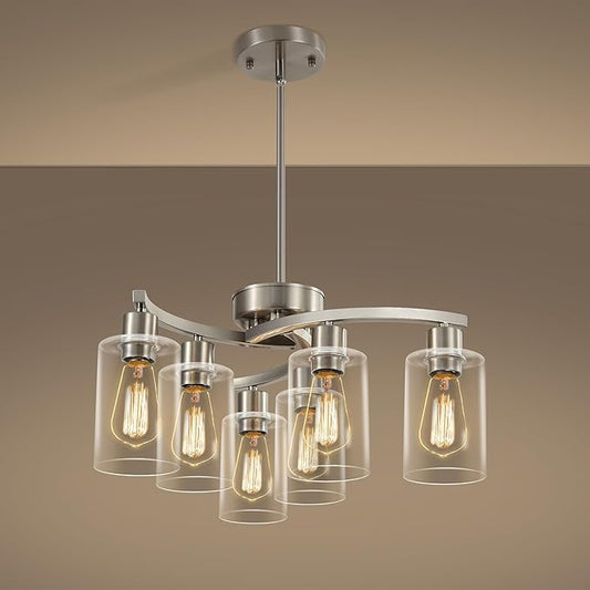 6-Light Brushed Nickel Chandeliers for Dining Room Light Fixtures Over Table, Adjustable Height Hanging Industrial Pendant Lighting for Kitchen Island Bedroom, Clear Glass Shade