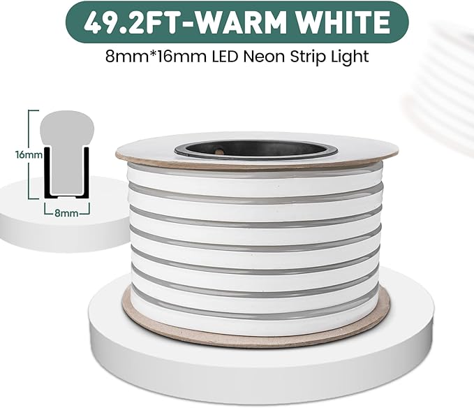 GZBtech Flexible LED Neon Rope Lights 50FT,AC 110-120V Waterproof Strip Light, 120 LEDs/M Cuttable Connectable Neon Lighting for Indoor Outdoor Home Decor/Commercial Building Use-Warm White 15M