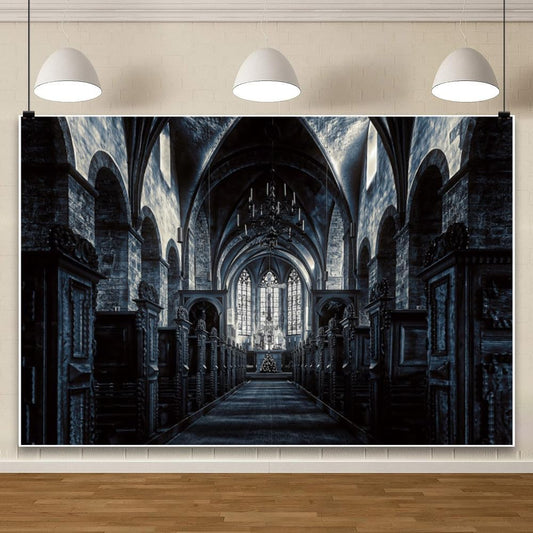 ChloropLastid 8x6ft Scary Church Halloween Backdrop Dark Black Horror Gothic Medieval Castle Interior Photography Background Halloween Night Carnival Theme Party Decor Banner Photo Studio Props