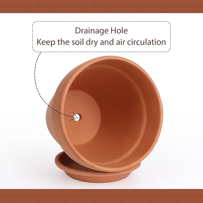 INGOFIN Terracotta Pot with Saucer - 10 Inch Ceramic Clay Pot for Plants with Drainage Hole, Large Terra Cotta Flower Planter with Tray for Indoor Outdoor Plants