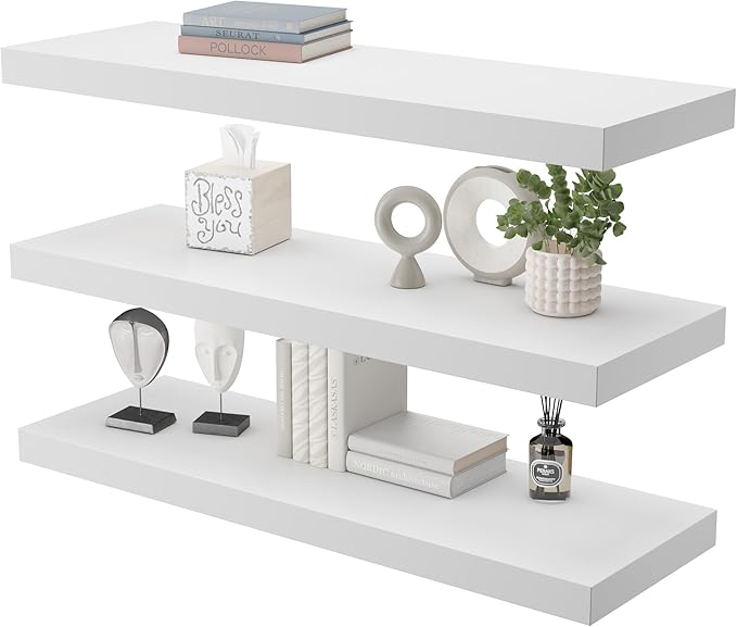 Large Floating Shelves for Wall Set of 3 Wooden Wall Shelves 36 in x 12.75 in x 2 in Room Decor Long Shelf with Invisible Wall Mount Bracket for Bedroom Kitchen Living Room White