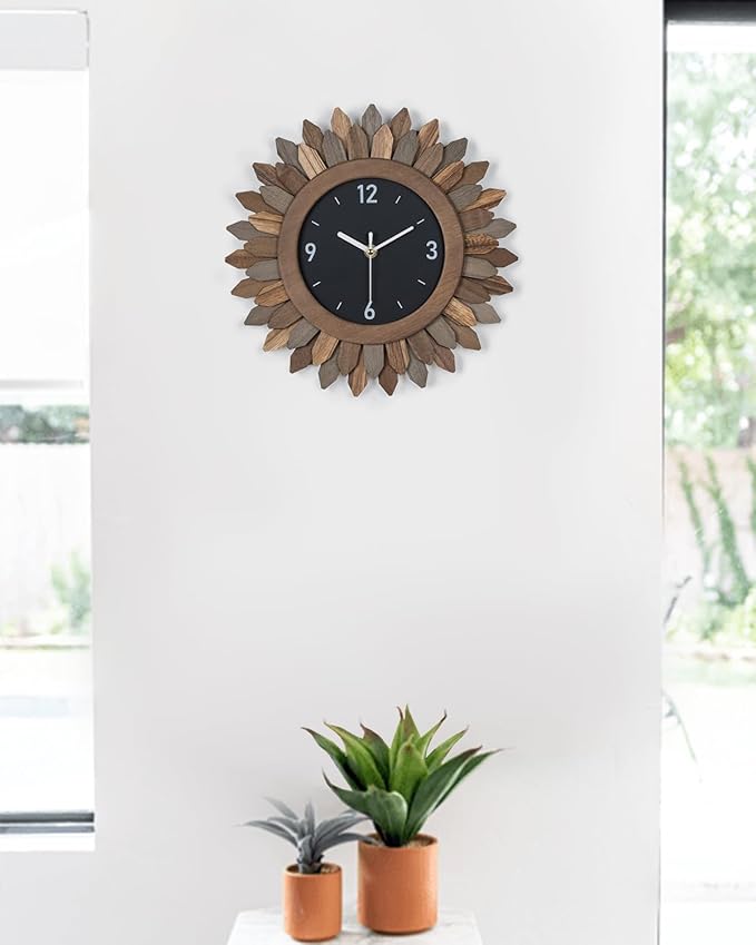 Honiway Wall Clock Battery Operated 12 in Rustic Wood Boho Sunburst Decorative Wall Clock Silent Non Ticking Farmhouse Small Wall Clocks for Living Room Kitchen Bathroom Bedroom Decor (Tricolor)