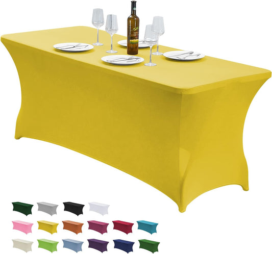 CWK 8FT Waterproof Stretch Spandex Table Cover for Rectangular Tables - Elastic Fitted Tablecloth for Folding Tables,Wrinkle Resistant Table Cloth for Parties, Weddings, Banquets & Events(Yellow)