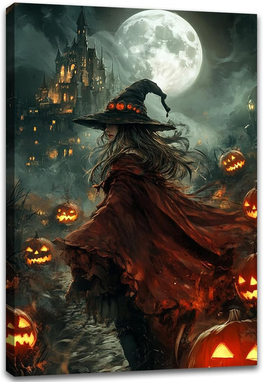 Dark and Moody Gothic Witch Poster Wall Art,Vintage Rustic Witch in Cloak with Castle Pumpkin Road Dark Gothic Poster,Goth Spooky Season Halloween Prints for Fantasy Office,8"x12" Framed