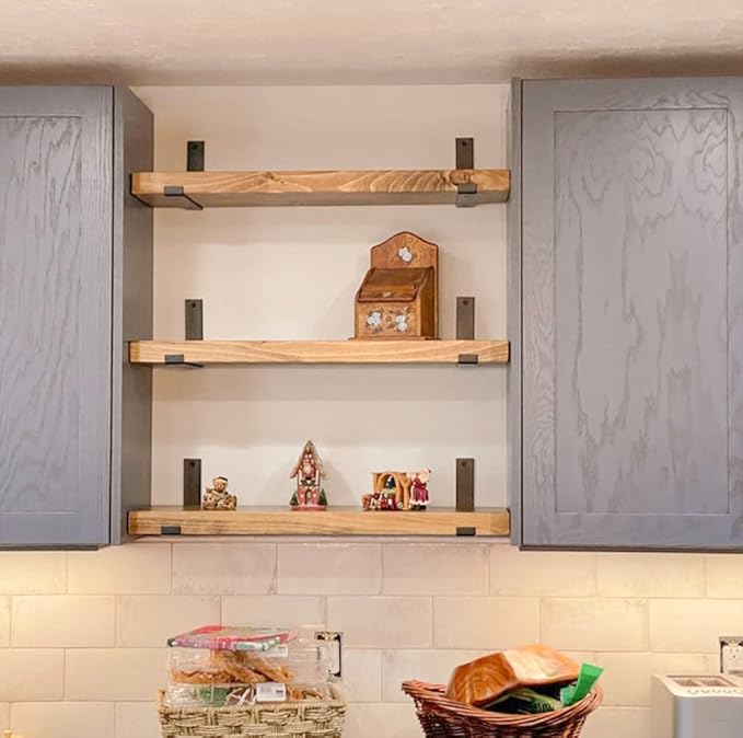 Rustic Shelves with J-Brackets Set of 2, Industrial Shelf, Kitchen Shelves, Solid Wood, Decorative Wall Storage, Heavy Duty, URBANDI (Brown, 36Wx12D)
