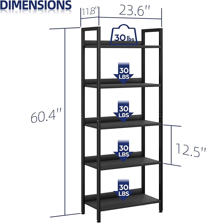 NUMENN Bookshelf, 5 Tier Bookshelves, Home Office Bookcase Shelf Storage Organizer, Free Standing Storage Shelving Unit for Bedroom, Living Room and Home Office, Carbon Fibre