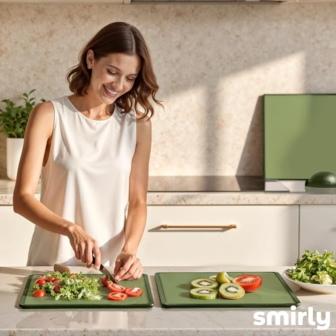 SMIRLY Plastic Cutting Board Set with Holder 4 Pieces, Non-Slip Dishwasher Safe Chopping Boards for Kitchen, Green