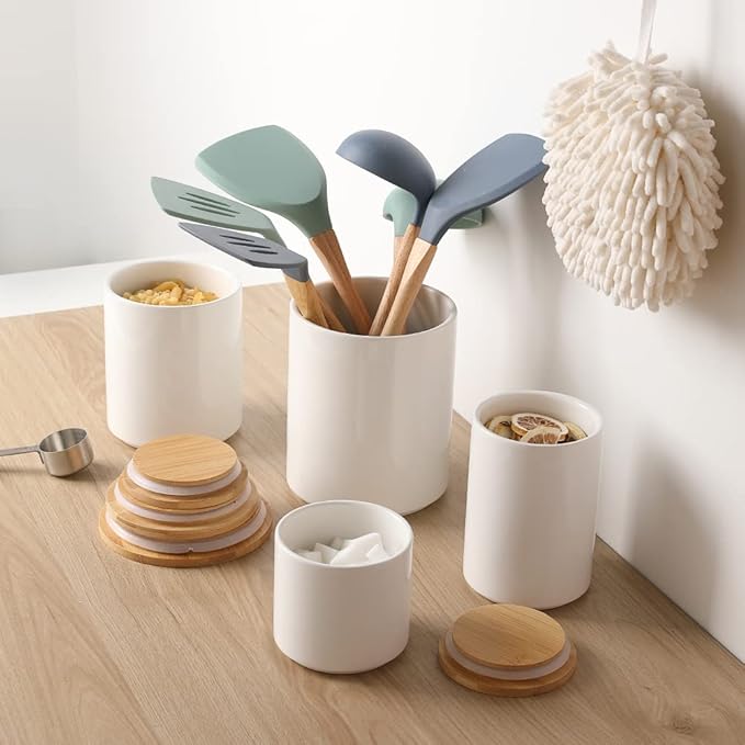 Sweejar Ceramic Kitchen Canister Sets, Porcelain Container for Countertop, Heavy Food Storage Jars with Airthight Seal Bamboo Lid, Servering for Sugar, Coffee Beans, Tea Leaves, Pack of 4（White）