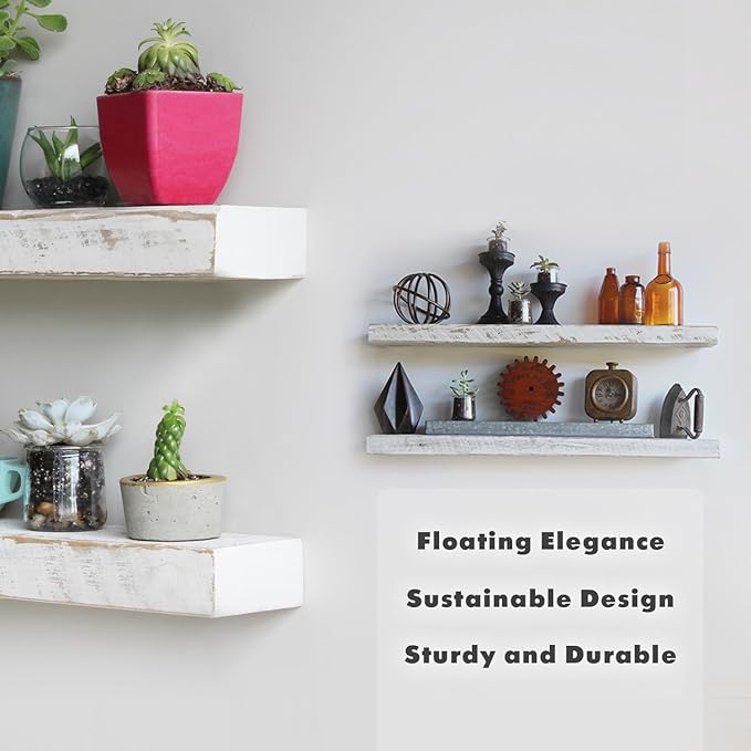 Urban Legacy Reclaimed Barnwood Planks | Floating Shelves for Wall w/Flush Mount Shelf Bracket Set Included | Set of 2 (White Wash, 18"x 4.5"x 2")
