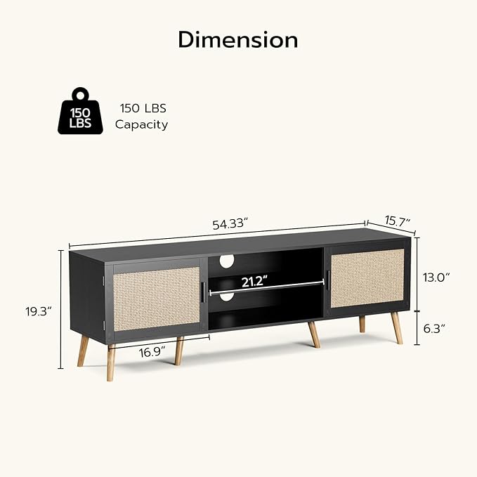 TV Stand for TVs up to 65'', Entertainment Center with Rattan Door, Shelves & 2 Cabinets, Boho Media TV Console for Living Room, Bedroom, Black