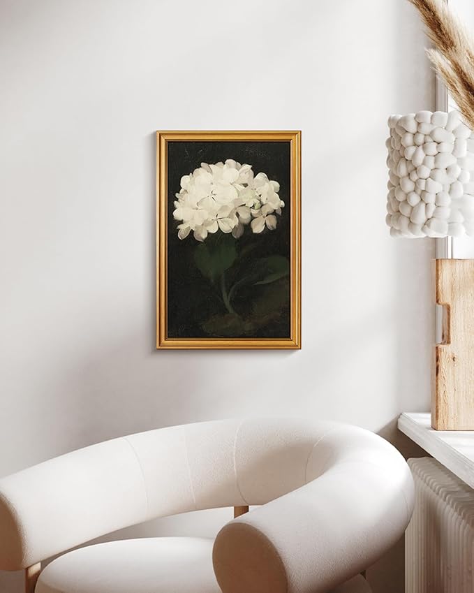 HUARCEY Gold Framed Vintage Wall Art for Living Room, Flowers Painting Canvas Prints Shelf Decor for Kitchen, Aesthetic Bedroom Wall Art, Christmas Gifts for Friends Family (White Hydrangea 16"x24")