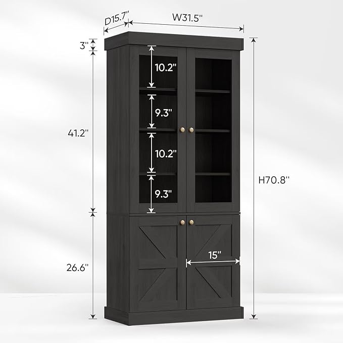 Vyre 71" Tall Farmhouse Bookshelves with Glass Doors, Set of 3 – Large Modular Bookcase with Adjustable Shelves, Storage Cabinet for Living Room, Kitchen, Home Office, Black
