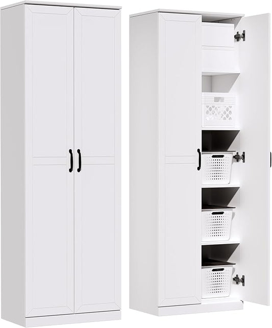 71" Tall Pantry Cabinet/Storage Cabinet, Wood Cupboard with 2 Door and 3 Adjustable Shelves for Kitchen, Dining Room, Living Room, Bathroom (Style 2)