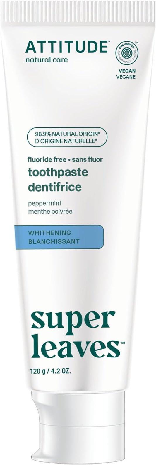 Attitude Fluoride-Free Whitening Toothpaste, Peppermint Flavor, Vegan & Cruelty-Free, Sugar-Free, Plant & Mineral-Based Ingredients, Clean Oral Care, 4.2 Oz