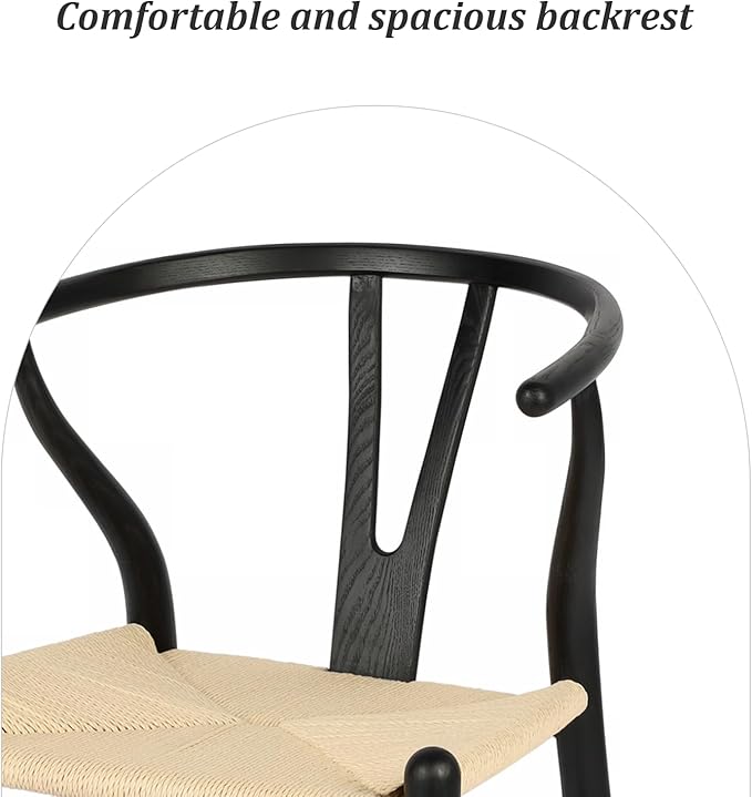 Wishbone Chair Natural Solid Wood Dining Chair/Hans Wegner Y Chair Rattan and Wood Accent Armrest Chairs - Ash Wood Chairs Set of 1 (Ash Wood - Black + Natural Color)