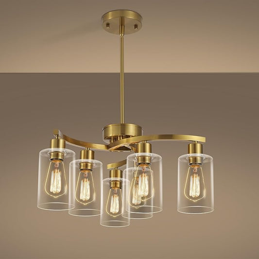 6-Light Gold Chandeliers for Dining Room, Modern Kitchen Island Light Fixtures Over Table, Metal Hanging Pendant Lighting for Living Room Stairwell Entryway Bedroom, Clear Glass Shade