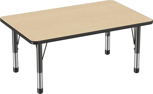FDP Rectangle Activity School and Classroom Kids Table (30 x 48 inch), Chunky Toddler Legs, Adjustable Height 15-24 inches - Maple Top and Black Edge