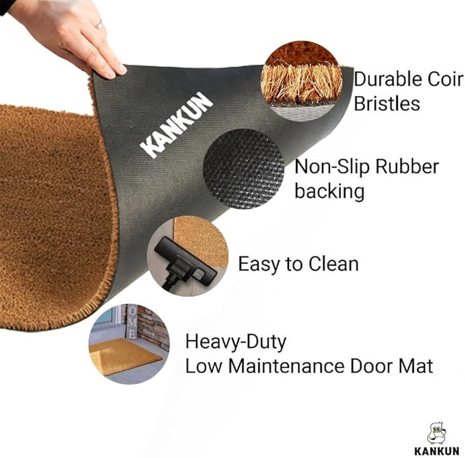 KANKUN Coco Coir Door Mat with Heavy Duty Backing, Welcome Doormat (17" x 30"), Doormat Entrance (Plain - Anti Shedding)