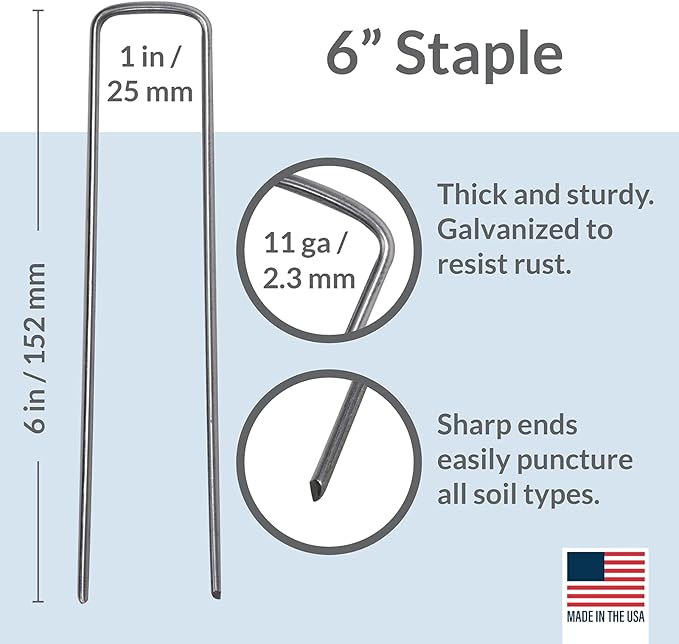 Pinnacle Mercantile USA Made 100 Pack Garden Landscape Staples Weed Barrier Fabric Stakes Galvanized 6 inch Pins Anti Rust Sod Staple 11 Gauge Steel