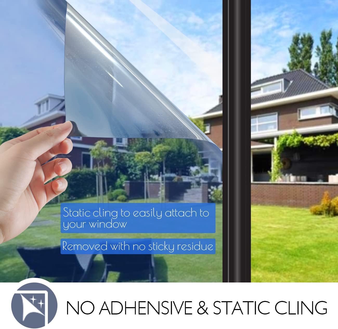 HIDBEA One Way Mirror Window Privacy Film Daytime, Heat Control Sun Blocking, Reflective Window Tint for Home Non-Adhesive Self Static Cling Window Sticker (Blue-Silver, 35.4 Inch x 16.4 Feet)
