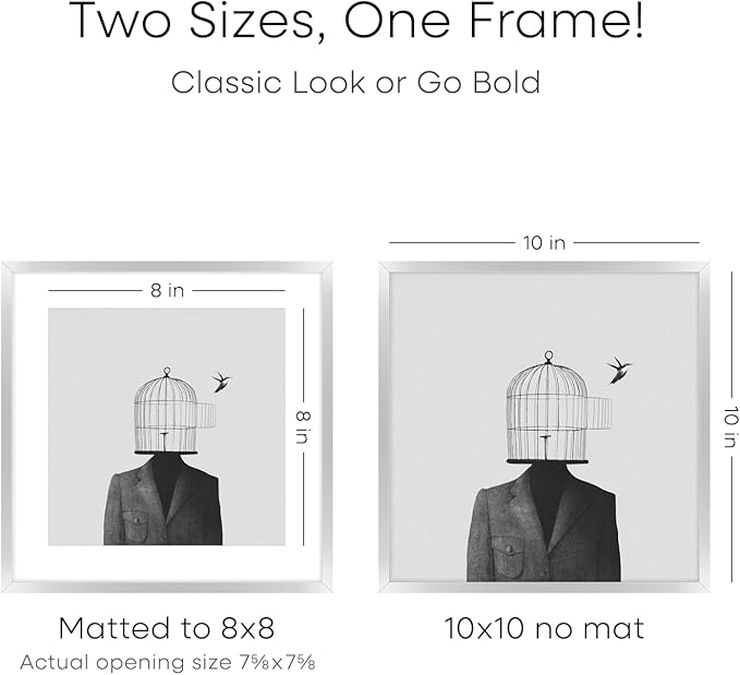 Homeforia 10x10 Picture Frame Silver, High End Metal 10 by 10 Square Frames with Mat 8 x 8 inch Photo, 10by10 Poster Frame Matted to 8x8 Art, Wall or Tabletop Frame, Tempered Glass, Wall Kit, Set of 1
