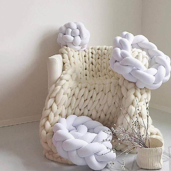 Chunky Knit Blanket Hand Made Merino Wool Throw Boho Bedroom Sofa Home Decor Giant Yarn(Ivory White 80"x80")