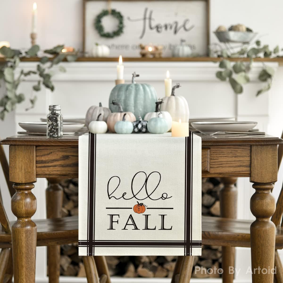Artoid Mode Hello Fall Stripes Pumpkin Autumn Table Runner, Seasonal Fall Kitchen Dining Table Decoration for Home Party Decor 13x120 Inch