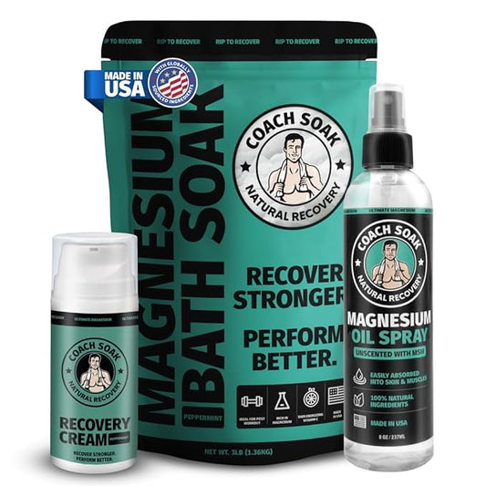 Coach Soak Magnesium Recovery Value Bundle - Flakes Bath Soak + Oil Spray + Lotion with MSM (Cooling Menthol, 3-Pack)