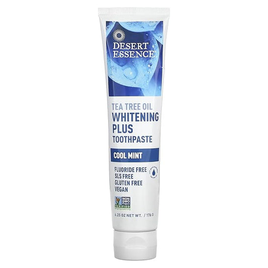 Desert Essence Tea Tree Oil Whitening Plus Toothpaste - 6.25 Oz - Antiseptic Tea Tree Oil - Zinc Citrate - Baking Soda - Freshens Breath - Reduced Plaque - Fluoride Free