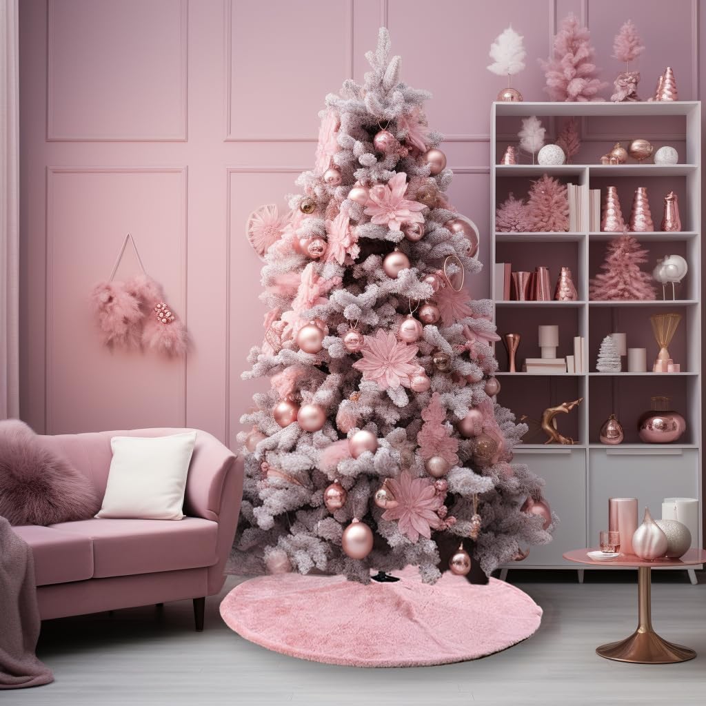 AISENO 36 Inch Christmas Tree Skirt Faux Fur Pink Bright Silk Shiny Decoration for Christmas Tree Plush Merry Christmas Decorations Decor