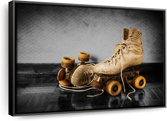 ElephantStock Vintage Skates Pop Wall Art - Horizontal Framed Canvas - 1-Piece Living Room Wall Decor - Sport Photography Canvas Print - Beige and Black Decor for Wall - 43" X 29"