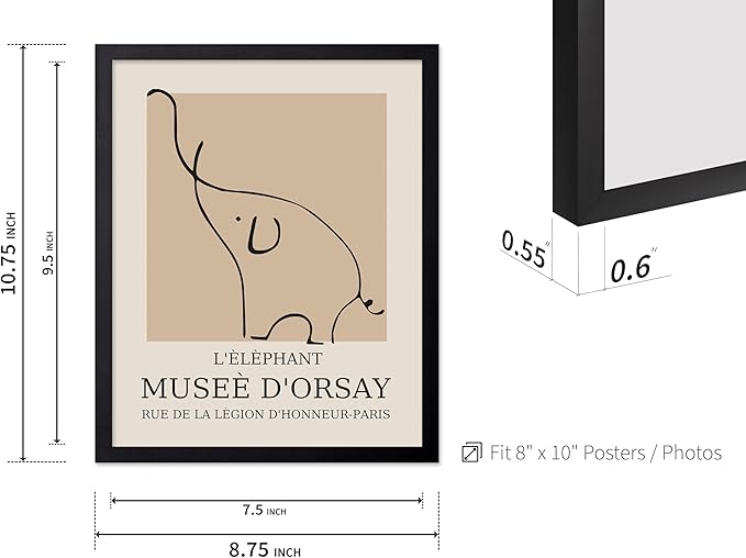 Poster Master Vintage Poster - Retro Minimalist Print - Gift for Artist, Housewarming - Elephant, Line Drawing, Sketch, Abstract - Wall Decor for Living Room, Bedroom, 8x10 Black Framed