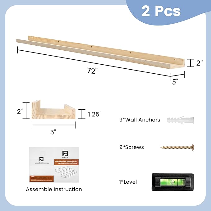 Picture Ledge Shelf, Floating Shelves Set of 2, Solid Pine Wood 72'' Long Large Nursery Book Shelves for Toys Storage, Kids Bookshelf for Living Room Bedroom Decor Books Photo Frames, Natural