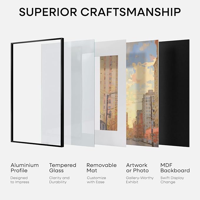 Homeforia 16x16 Picture Frame Black, High End Metal 16x16 Square Poster Frame Matted to 12x12 Print, 16 x 16 Black Frames with Mat 12 x 12 Photo, 16by16 Thin Frames, Tempered Glass, Wall Kit, Set of 1