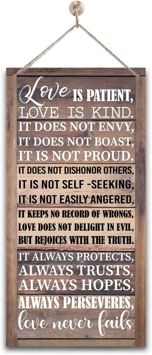 1 Corinthians 13:4-8 Inspirational Hanging Wood Decor Sign, Printed Wood Sign, Love is Patient, Love is Kind Quote, Hanging Bible Verses Woods Wall Signs, Rustic Home Decor Signs, Christian Gift