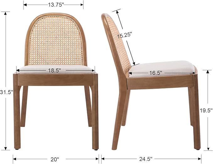 Mid Century Dining Chairs Set of 6, Accent Rattan Linen Fabric Side Chairs Kitchen Chair with Solid Wooden Legs for Living Room Dining Room, Beige