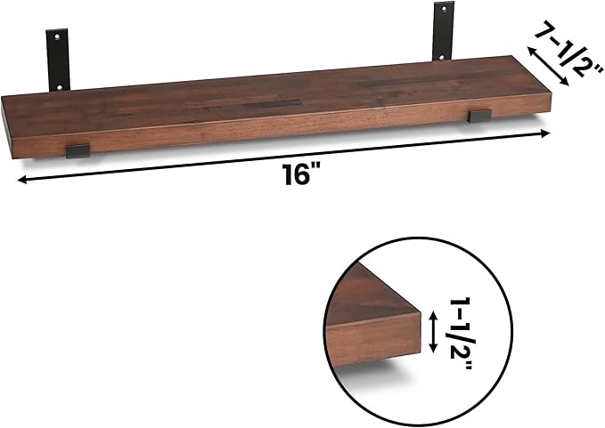 CONSDAN Floating Shelves for Wall Mounted Book Shelf Hanging Shelves Floating Bookshelf for Bedroom, Bathroom, Living Room, Kitchen USA Grown Solid Hardwood, Dark Maple 16x7.5x1.5 in (Set of 3)