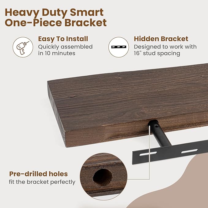 Floating Shelves for Wall Decor, Rustic Solid Elm Wood Floating Shelves Wall Mounted, Wall Shelves with Invisible Bracket for Living Room Bathroom Bedroom Kitchen, 48 Inch, Walnut