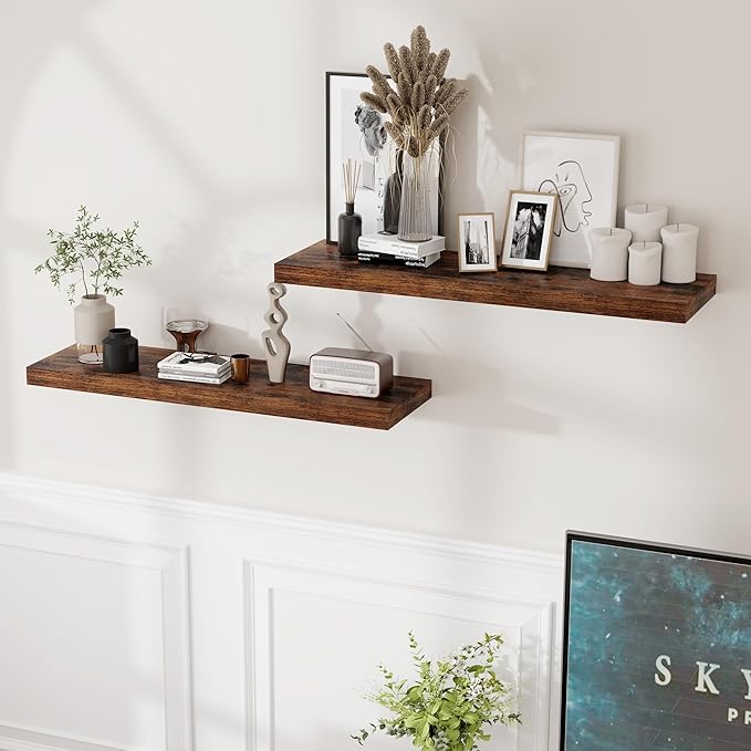 Fun Memories Rustic Wood Floating Shelves for Wall, 36 x 9 Wall Shelves Set of 2, Deep Floating Shelf for Kitchen, Living Room Storage & Display, Deep Wooden Bookshelf, Rustic Brown Color