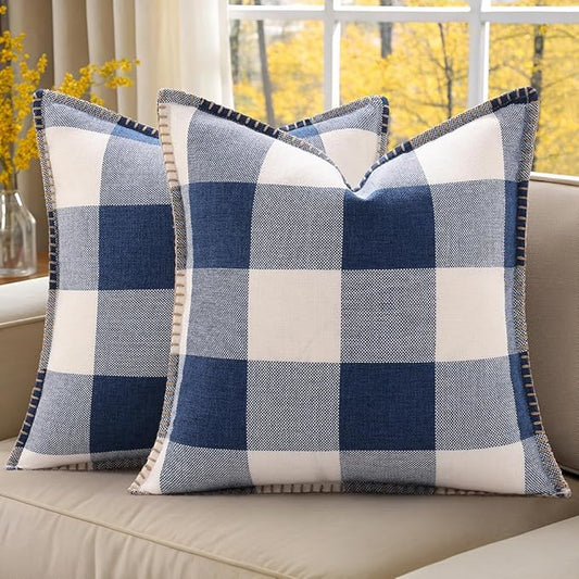 decorUhome Buffalo Plaid Check Throw Pillow Covers 24x24 Set of 2, Outdoor Decorative Farmhouse Neutral Pillow Covers with Stitched Edge for Bed Couch Sofa, Navy Blue and White