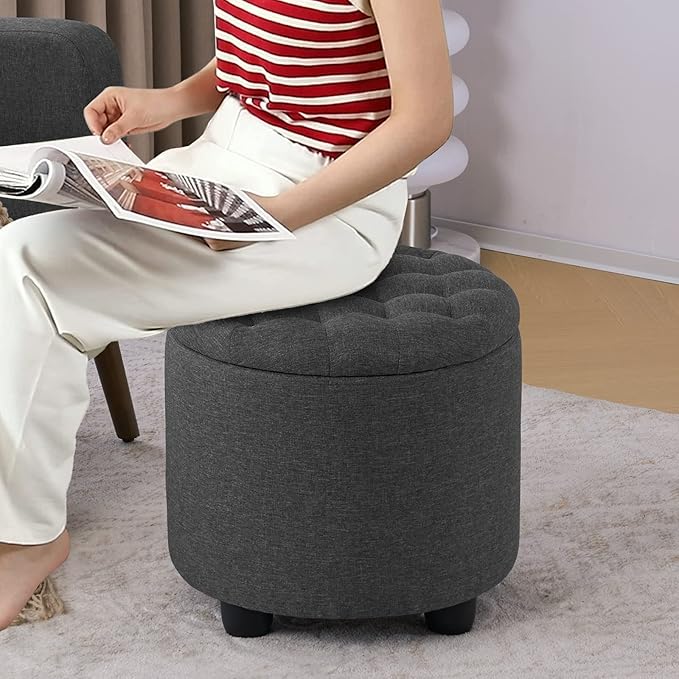 Furniliving 18.7inch Storage Round Ottoman, Footstools with Hidden Storage with Removable Lid, Stylish Button Tufted Design Ottoman Foot Stools for Living Room, Bedroom，Darkgrey