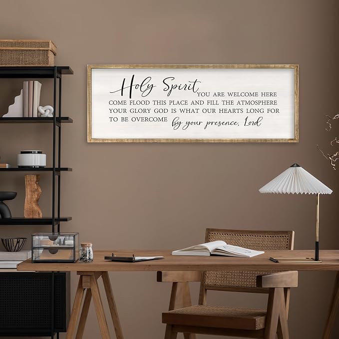 Holy Spirit You are Welcome Here Wall Decor Art 40x15 Inch Large Christian Song Bible Verse Plaque Wood Framed Sign Living Room Scripture Quote Religious For Office Wall Hanging (Wood)