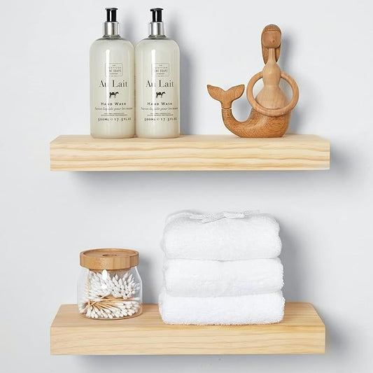 Homeforia Wood Floating Shelf 16 inch, High End Solid Natural Wood 16inch Floating Shelves for Wall Mounted, Unfinished Wooden Small Floating Shelves, Heavy Duty Bracket, 16 X 6.5 X 1.75 in, Set of 2