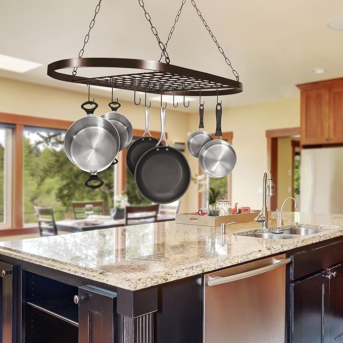 Sorbus Pot and Pan Rack for Ceiling 31" with 10 S Hooks — Decorative Oval Mounted Storage Rack — Multi-Purpose Organizer Great for Home, Restaurant, Kitchen Cookware, Utensils, Books, (Bronze)