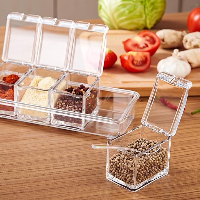 Clear Spice Containers, 4 Pieces Condiment Container with Lids for Salt Sugar, Acrylic Spice Rack Spice Container with Spoon