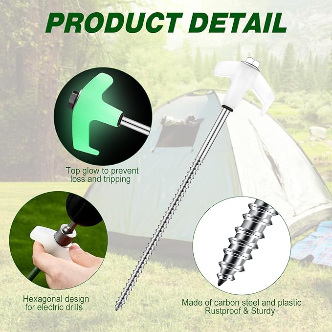 Hicarer 20 Pcs 20 Pcs 8'' Screw in Tent Stakes Heavy Duty Ground Metal Stakes for Inflatables with Hex Head Driver for Outdoor Camping Tent Inflatable Garden Decor (Luminous White)