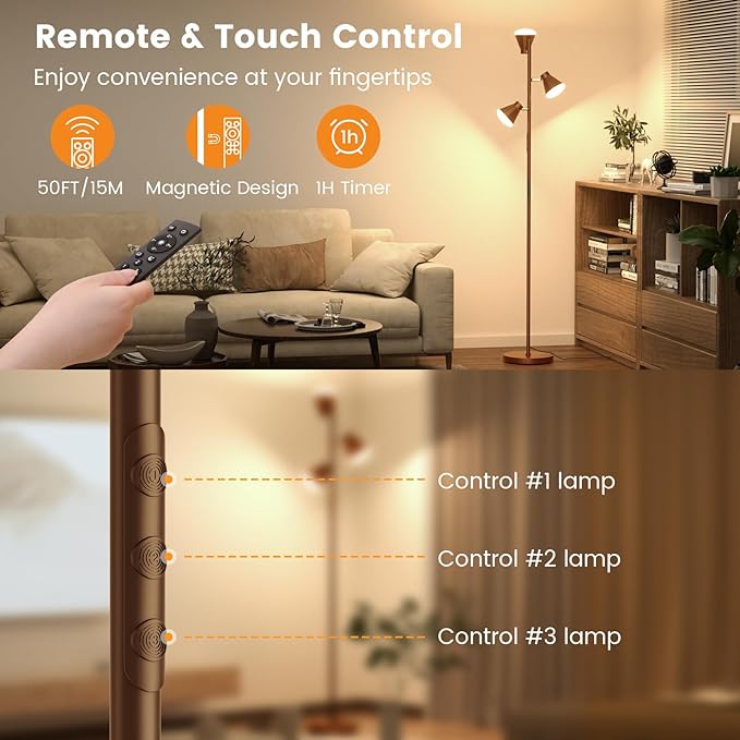 36W LED Tree Floor Lamp, Dimmable Tall Standing Lamp with Remote & Touch Control, 4 Color Temperatures Bright Floor Lamp, 3 Rotatable Light Modern Floor Lamps (Brown)