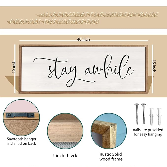 Stay Awhile Sign Wall Decor Sign 40"X15" Large Living Room Entryway Wood Framed Rustic Wall Decor for Vintage Farmhouse Foyer Hanging Lets Stay Home Wall Art (Wood)