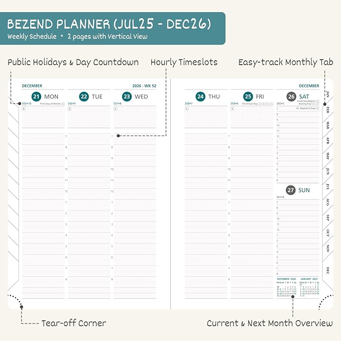BEZEND Planner 2025-2026 Weekly and Monthly, 8.5" x 11" Academic Calendar (Jul 25-Dec 26) Vertical Daily Appointment with Hourly Timeslot & Monthly Tab, PU Leather Hardcover - Black